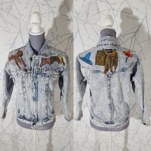 Jilado VTG Equestrian Cowboy Applique Full Zip Acid Wash Denim Jacket